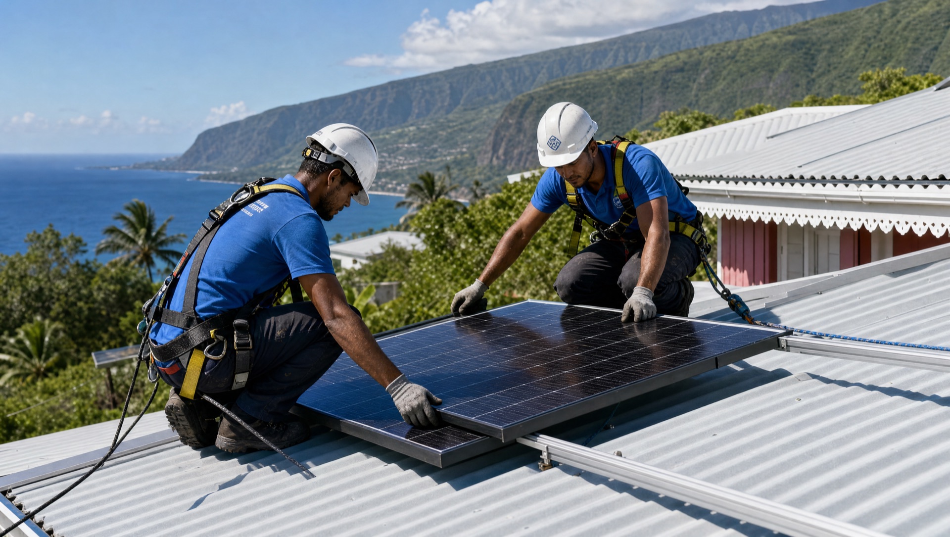 Installateurs photovoltaïques posant des panneaux solaires sur un toit en tôle d'une case créole à La Réunion, océan Indien en arrière-plan