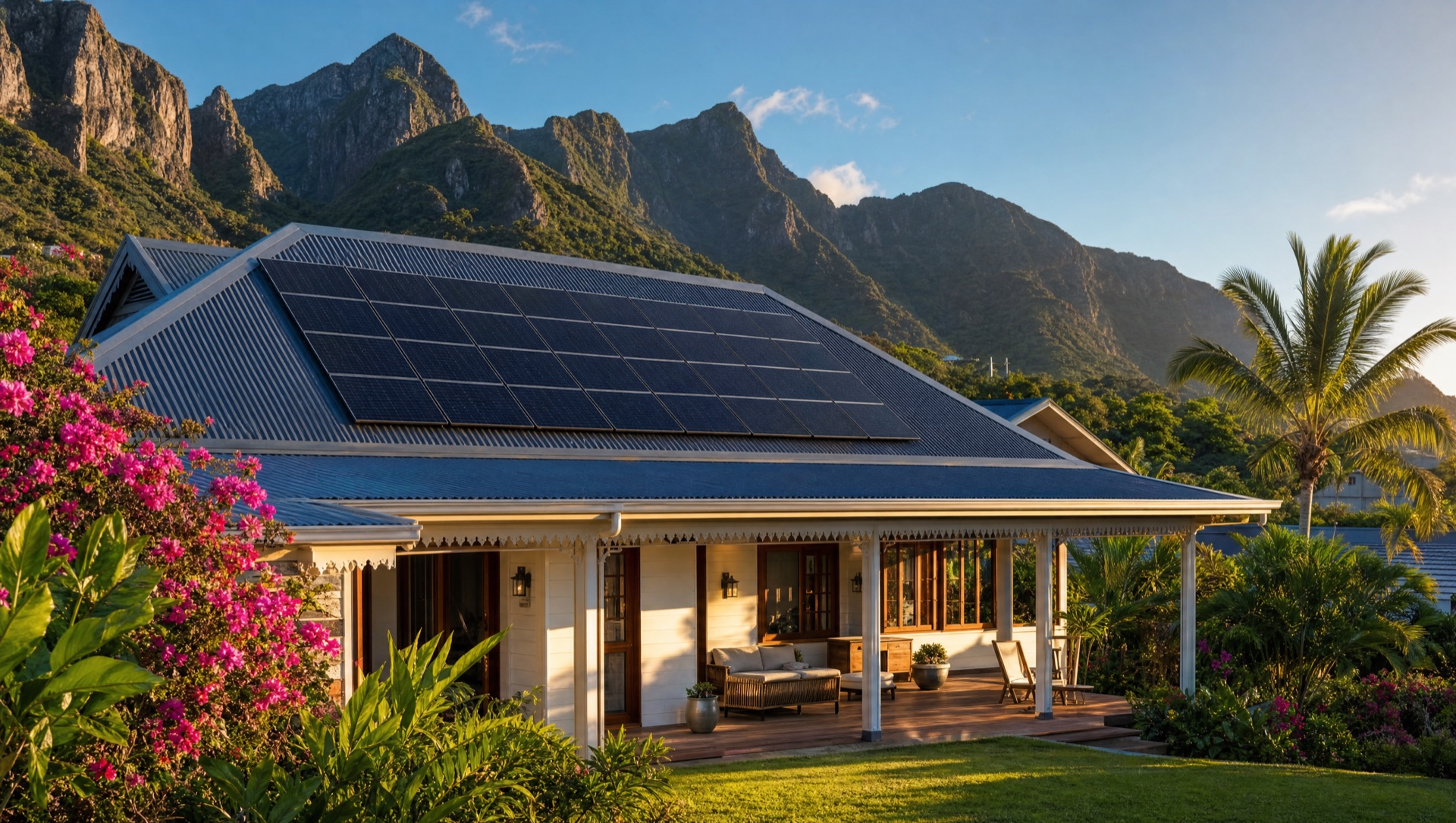 Villa créole à La Réunion équipée d'une centrale solaire 9 kWc sans stockage sur toiture tôle, montagnes du 974 en arrière-plan